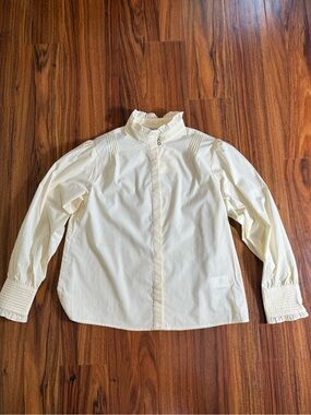 Simple Retro Cream Ruffled High-Neck Button Front Blouse - Size S
